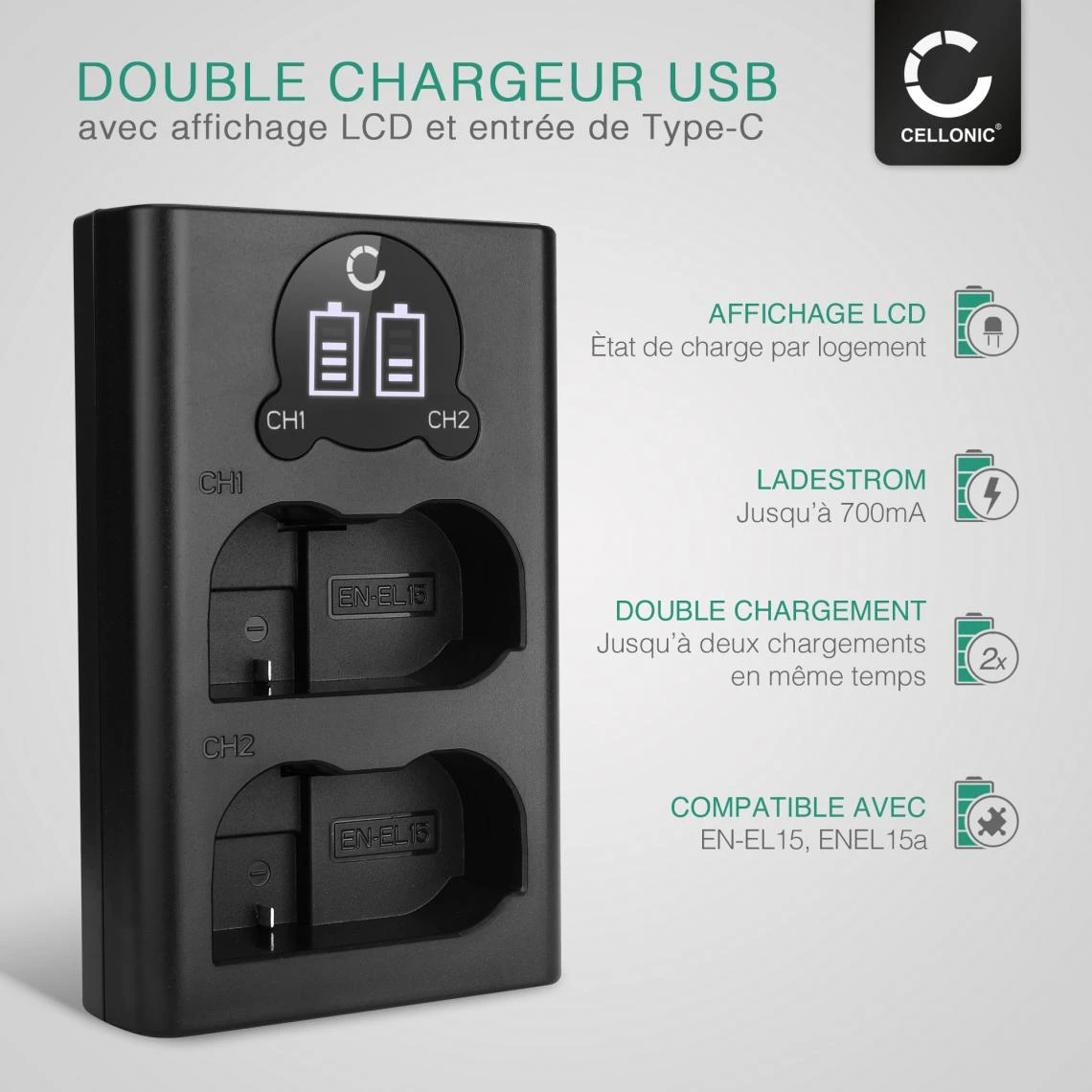CELLONIC® Chargeur Double EN-EL15 EN-EL15B Smart Et Rapide Compatible... 2 CELLONIC® Chargeur Double EN-EL15 EN-EL15B Smart Et Rapide Compatible... – Image 2