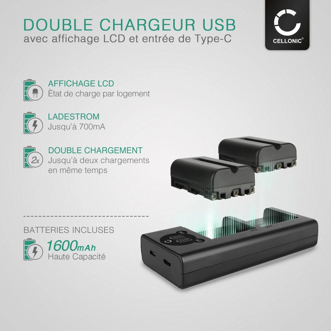 CELLONIC® Set De 2 Batteries 1600mAh Et Double Chargeur Compatible Av... 2 CELLONIC® Set De 2 Batteries 1600mAh Et Double Chargeur Compatible Av... – Image 2