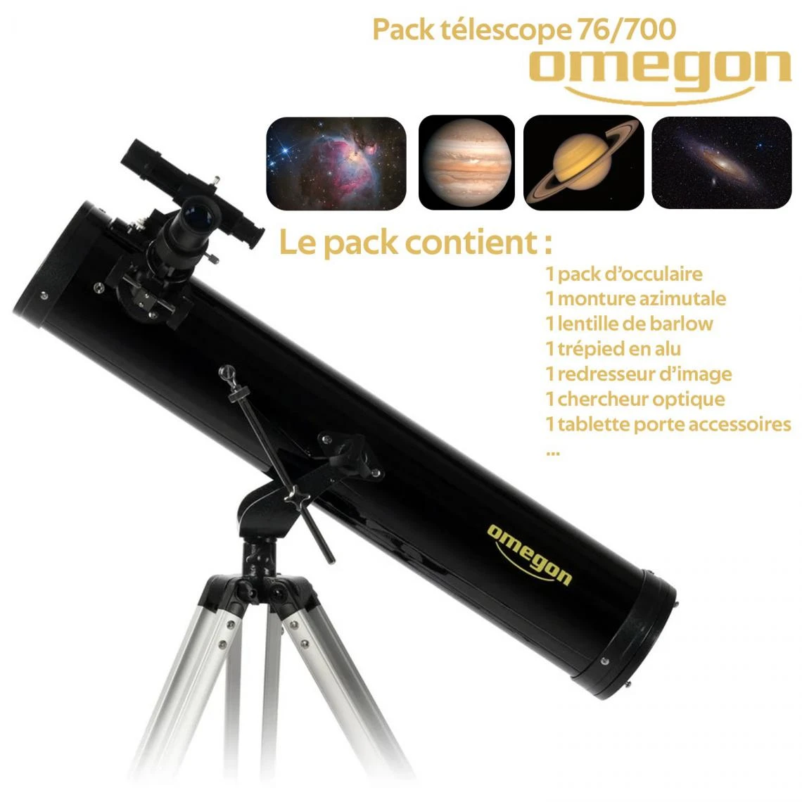 Omega Télescope Omegon AC 76/700 AZ-1 + Monture Azimutale + Trépied Alu + ... 1 Omega Télescope Omegon AC 76/700 AZ-1 + Monture Azimutale + Trépied Alu + ...